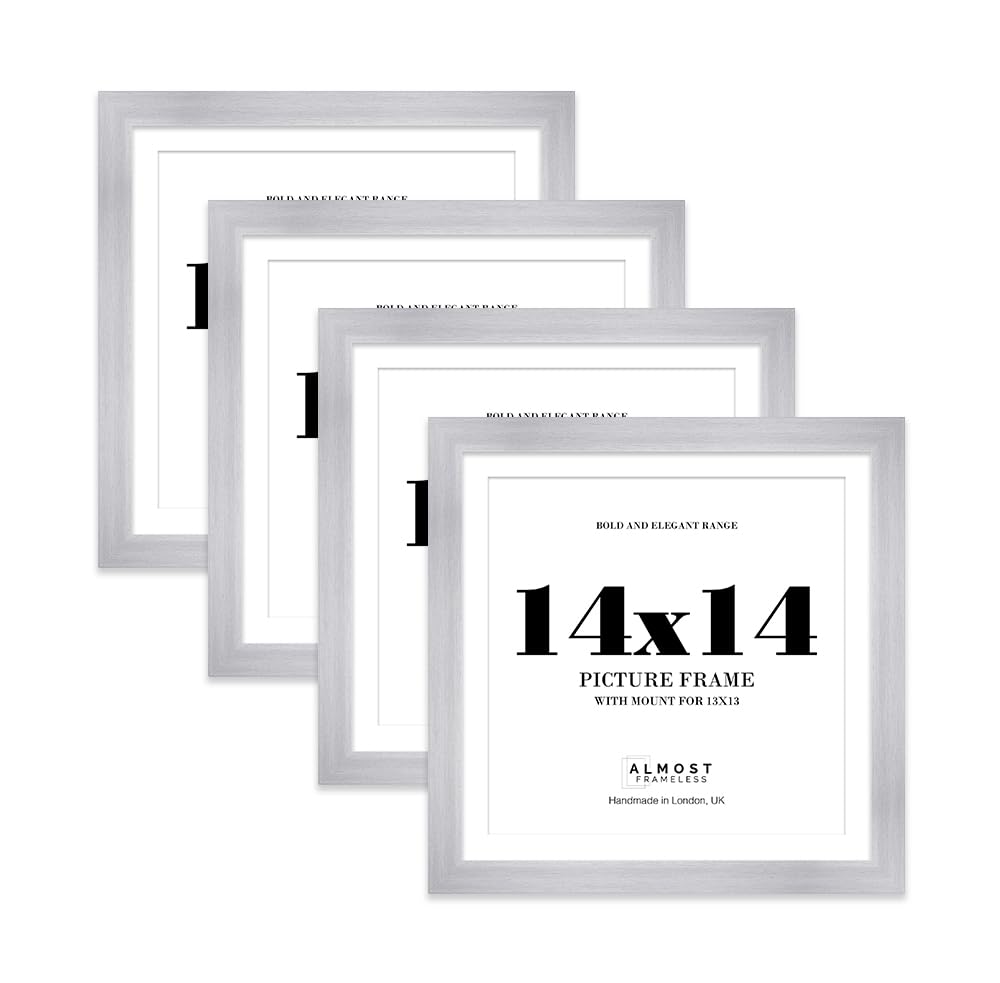 14x14" Silver Square Frame With Mount for 13x13" Pictures 28mm Edge Frame Display with Wall Hooks, 4 Pack