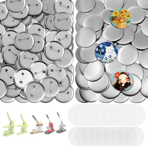 100 Sets Button Maker Supplies 75mm/3 inch Button Supplies with Metal Needle Back Cover Metal Cover Transparent Film and Blank Paper Suitable for Button Making Machine and Pin Maker Press