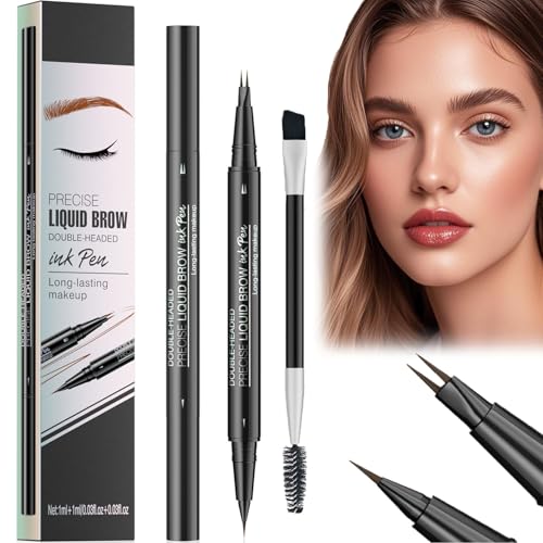 Flikan Faux Brow, Lureva Brow Pen, Dual Tip BrowPen, Faux Brow Ultra Fine Double-Brush Tip Brow Filling Pen, 2 TipBrowPen Eye Brows Precision Nibs, FauxBrow Double Brush TipPen (Black Brown)