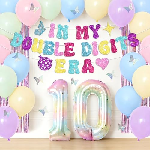 Image of 10th Birthday Party Decorations In My Double Digits Era Banner 10th Balloons Colorful Glitter Double Digits Party Supplies