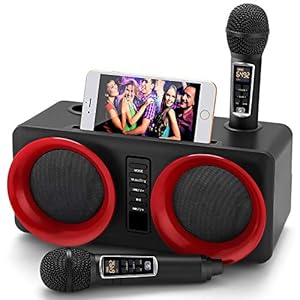 Karaokemachine, draagbaar Bluetooth PA-systeem met 2 draadloze microfoon, luidspreker met mobiele telefoonhouder/USB/TF…