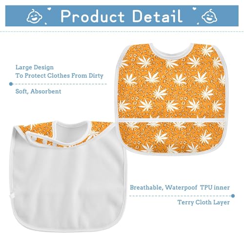 MCHIVER Leopard Leaves Orange Baby Bibs for Boys Girls Toddlers Waterproof Feeding Bib Apron with Food Cather Adjustable Cotton Food Eating Bib 2 Pack2