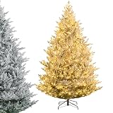 DORTALA 8 FT Pre-lit Snow Flocked Christmas Tree, Hinged Artificial Xmas Tree with 580 Warm White Adjustable LED Lights, Timer, 1470 Branch Tips, Foldable Metal Stand, Holiday Decor, White & Green
