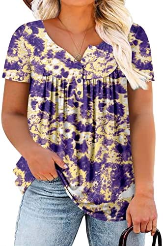 Womens Plus Size Short Sleeve Tunic Tops White Purple Henley Shirts Casual Summer Tops L