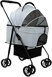 Carrinho Pet Luxo 2 em 1 Carrinho De Passeio, porte até 20 kg + Bolsa De Transporte Removível Portátil Cachorro ou Gato Com Tela Respirável Super Leve e Prático
