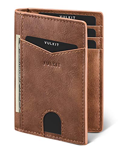 VULKIT Portefeuille Homme Cuir & Mince Porte Carte Homme RFID Anti Piratage Portefeuilles et Porte-Cartes 10 Fentes pour Cartes Bancaire ou Billets - Marron