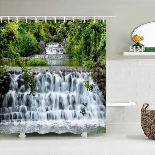 Rideau de douche polyester avec impression 3D paysage de cascade naturelle