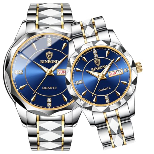dayutech 2PCS Valentines Couple Pair Watches Men and Women Luminous Calendar Waterproof Gold Silver...