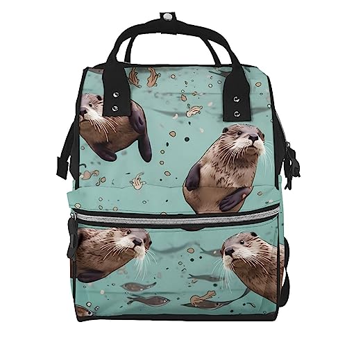Grand sac à langer multifonction noir et sac à dos de voyage avec motif loutres pour ordinateur