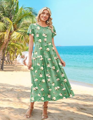 Image of Zeagoo Summer Dresses for Women 2026 Maxi Bohemian Floral Short Sleeve Long Dress Casual Flowy Tired Beach Sundress