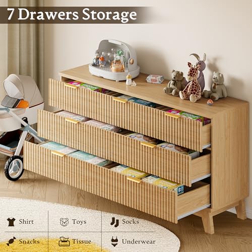 Image of BORNOON Fluted 7 Drawer Dresser, 47.2 inch Wide Modern Boho Chest of Drawers, Wooden Storage Dresser TV Stand for Bedroom, Living Room, Closet, Hallway, Curved Profile Design