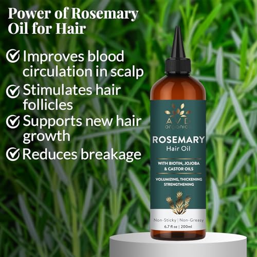 Image of AVD ORGANICS Pure Rosemary Oil for Hair Growth (6.7 fl oz) Infused with strengthening Biotin Jojoba & castor Oil Split Ends & Dry Scalp Treatment to Support Longer, Healthier Strands | 200ML