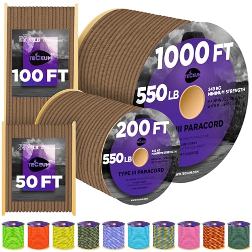 Image of TECEUM Reflective Paracord Rope 1000 - 1000ft /200ft /100ft /50ft - 40+ Colors - Glow in the Dark - para Cord - Utility Rope for Survival, Hunting & Camping Gear - Nylon String, Camping Rope, Tent Cord