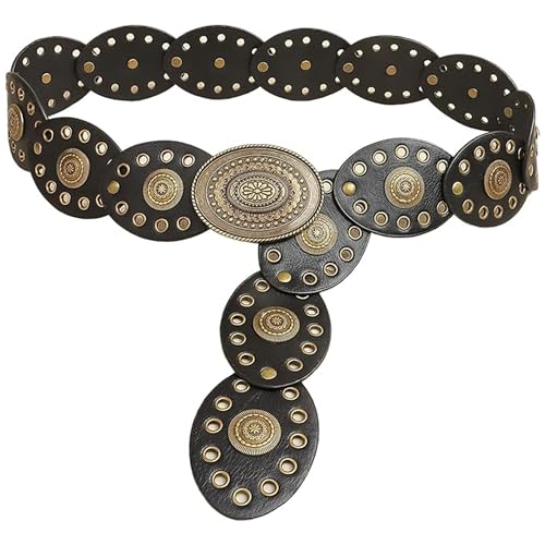 IZUS Women Oval Western Disc Belts Retro-Concho-Buckle Cowgirl Belt Wide Waist Belts for Dresses Jeans Boho Country