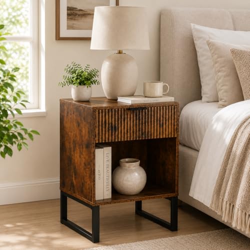 Rustic Brown Nightstand with Fluted Drawer, Wood Bedside Table with Storage Shelf, Mid Century Modern End Table with Metal Legs for Bedroom, Living Room, Sofa Side & Small Spaces