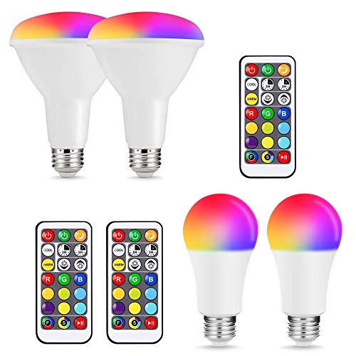 JandCase BR30 & A19 Color Changing Led Bulb, RGB+Warm+Daylight White, Remote Control Bulbs,17 Dimmable Colors, Mood Lighting for Home, Party, Upcoming Christmas