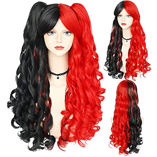 ANOGOL Black and Red Wig for Lolita Cosplay Wig with Double Ponytails Long Curly Wigs for Girls
