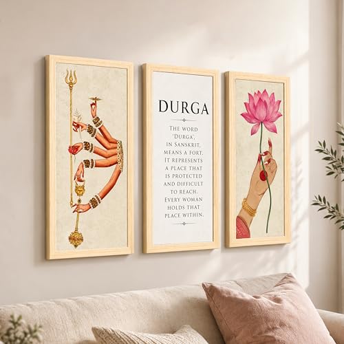 Image of Durga Wall Art Painting Set of 3 Framed Posters For Living Room, Hindu Goddess Religious Poster, Lotus & Trishul, Spiritual Indian Painting, Sanskrit for Living Room, Office, Home Decor (Size 24x48)