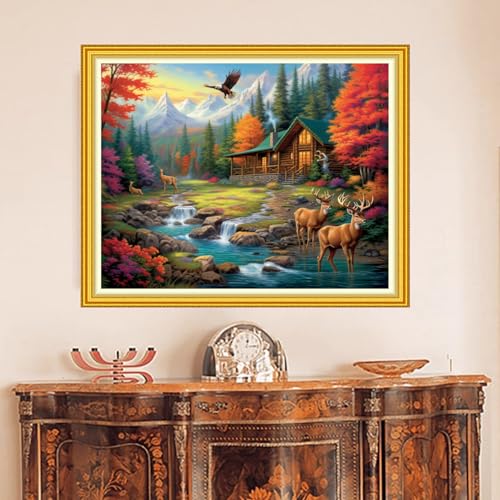 Image of DMCVIVR Stamped Cross Stitch Kits for Beginners Adults Needlepoint Kits for Beginners Embroidery Kits for Adults Crossstitch Kit for Beginners 11CT-Elk Scenery 16x20 inch