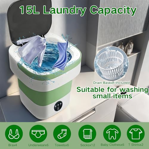 Image of 15L Mini Portable Washing Machine, Collapsible Washer with 3 Cleaning Modes for Underwear, Baby Clothes, Small Foldable Laundry for Travel Apartment Home Dorm Hotel Camping (White Green)
