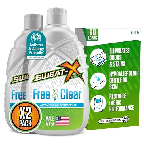 SWEAT X Free & Clear Laundry Detergent Liquid - Natural Non Toxic Laundry Detergent for Sensitive Skin - Gentle Washing Detergent for Activewear & Performance Fabrics - 45 Loads/Bottle, 2 Bottles
