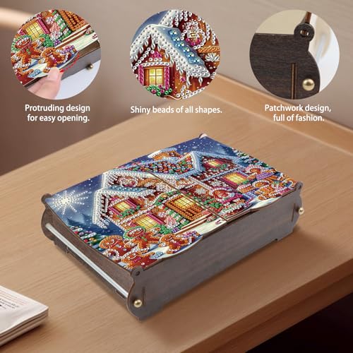 Image of Diamond Painting Kit Wooden Storage box, Christmas DIY Snow House Special Shaped Diamond Art Flip cover Wooden Money Box, Handmade Art Desktop Decorations Birthday Gifts For Friends