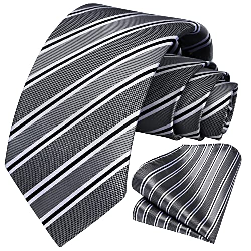 Image of HISDERN Stripe Tie Mens Ties with Pocket Square Set Classic 3.4'' Silk Formal Necktie Handkerchief for Business Wedding