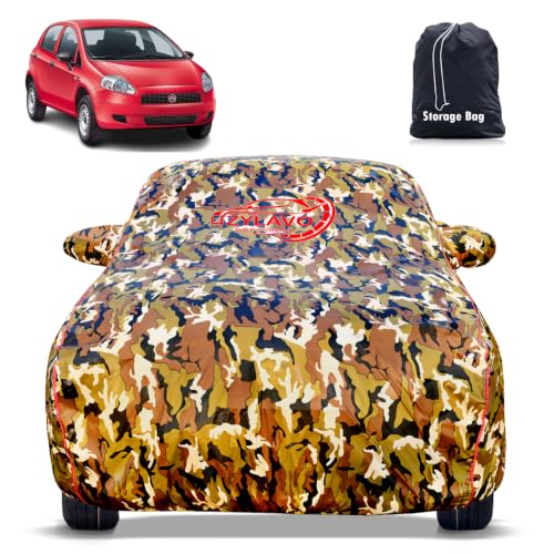 Image of Premium Car Cover for Fiat Punto Pure Model | Waterproof, UV & Dust Protection | Mirror & Antenna Pocket | Triple Stitched, Soft Inner Lining, Belt & Buckle (Jungle Print)