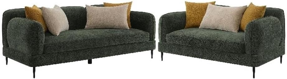 Pemberly Row 2-Pc Sofa Set, Green Chenille with 7 Throw Pillows, Slim Black Metal Legs, Sculpted Round Silhouettes, Waterfall Cushions, Foam Seats, Modern Living Room Furniture