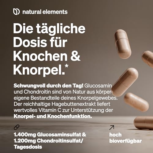 natural elements Glucosamin & Chondroitin – 180 Kapseln – mit Vitamin C für eine normale Kollagenbildung* – hochdosiert, ohne unnötige Zusätze – in Deutschland produziert & laborgeprüft