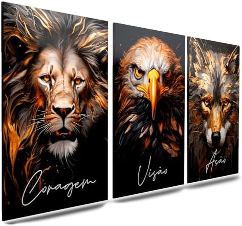 Kit 3 Quadro Decorativo Sala Quarto Leão Águia Lobo Motivacional ...