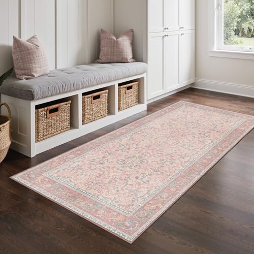 GENIMO Alfombra Persa Rosa para Salón, Alfombras Lavable y Antideslizante, Vintage de Pelo Corto para Dormitorio, Pasillo o Comedor, Decoración Moderna, 80X150CM, Rosa