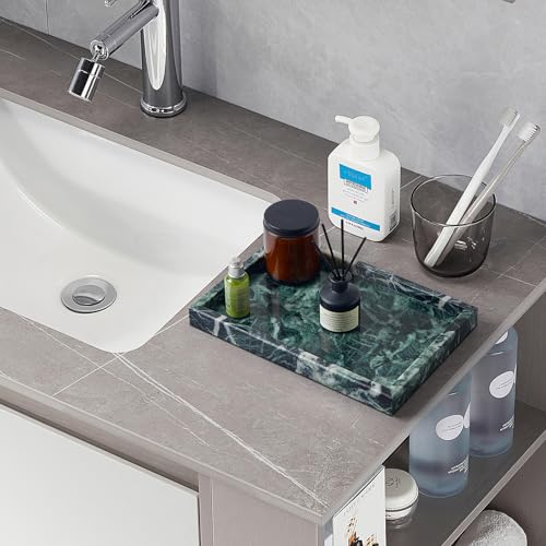 Image of Real Natural Marble Tray for Bathroom, Vanity, Kitchen and Desktop, Rectangle Genuine Marble Stone Tray for Jewelry, Cosmetics, Candles, Lotion, Perfume (Snowflake-Green, 12 inch x 8 inch x 1.2 inch)