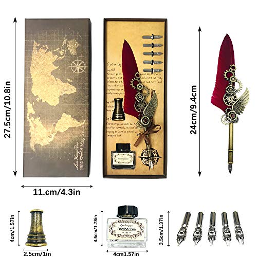 Kyllog Antique Quill Feather Set,Steampunk Calligraphy Pen Set,Vintage Feather Dip Ink Pen,Antique Feather Dip Pen Set Handmade Quill Pen As Valentine's Day Set (Wine Red)… #TOP5