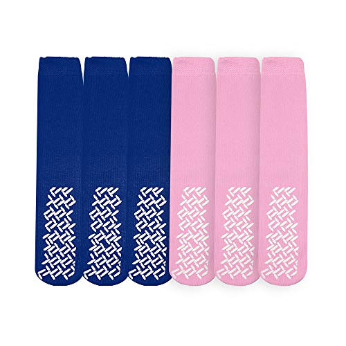 Nobles Assorted Non Skid Socks 6 Pairs Made in USA (3 Royal Blue 3 Pink)