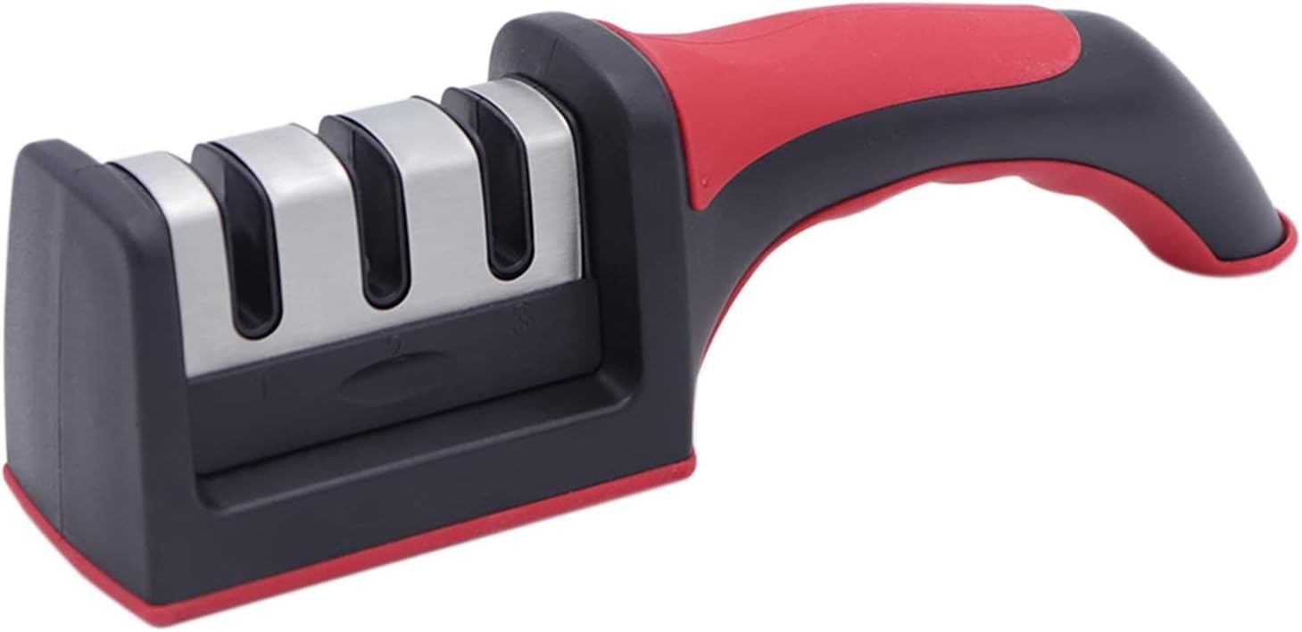 Fezda Professional Knife Sharpener Tool, 3 Stage Manual System Knife Sharpener with Anti-Slip Rubber Base for Grip Three Slots Handle, Color Black & Red । Pack of 01