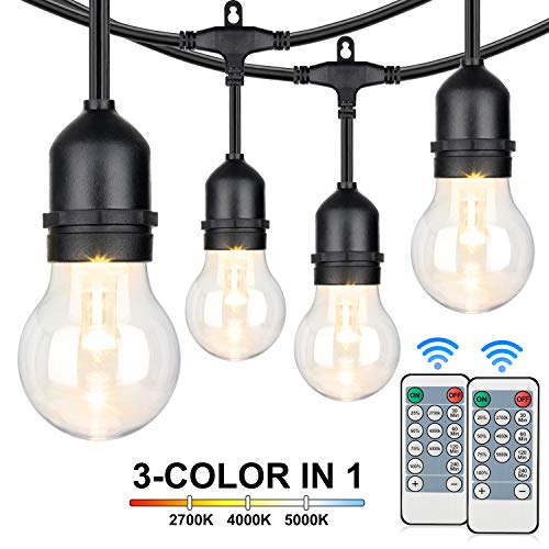 3Color in 1 Dimmable Outdoor LED String Lights with Remotes, 48FT