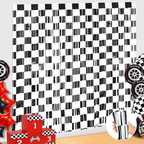 Image of WovWeave 2 Pack Race Car Foil Fringe Curtains Black and White Checkered Backdrops Streamers Cars Birthday Party Decorations Photo Booth Props for Racing Car One Happy Dude Party Decorations Supplies