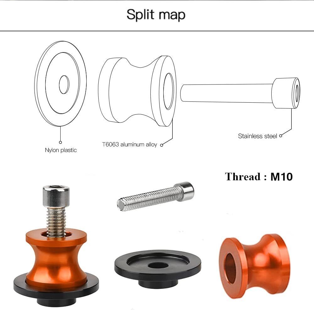 2pcs 10mm M10 X1.5 Motorcycle Swing arm Sliders Spools CNC Swing Arm Stand Screw for Duke 690 SMC R 690 Enduro SMC 790 2009-2016 2019-2024 (Orange)