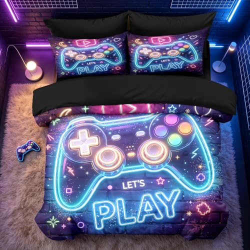 Image of NINENINE Gaming Controller Comforter Sets, Purple Brick Galaxy Gamer Bedding 5PCS Twin Size Comforter Sets for Teen Boys (1Comforter, 1Flat Sheet, 1Fitted Sheet, 2Pillowcases)
