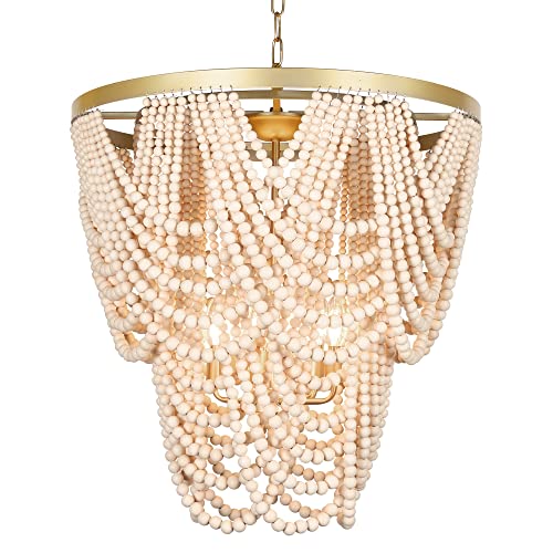 6-Light Bohemia Wood Beaded Chandelier for Dining Room, Coastal Pendant Light for Bedroom, Modern Farmhouse Light Fixtures for Entryway, Gold and Oak Finish