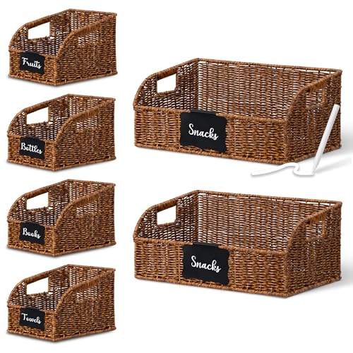 Image of Brownlily Wicker Pantry Storage Baskets with Chalkboard,Handwoven Baskets for Organizing with Built-in Handles, All-Purpose Storage Bins for Shelves, Laundry Room, Brown - Double Set Bundle (6-Piece)
