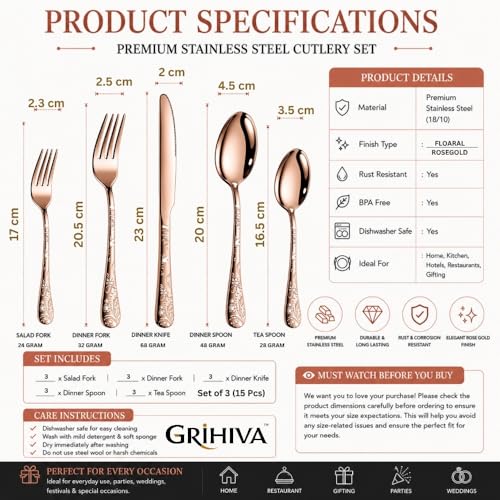 Image of 15 Pcs Rosegold Floaral Stainless Steel Cutlery Set for Dining Table with Spoons and Forks Set + Butterknives - The Perfect Tableware /Flatware