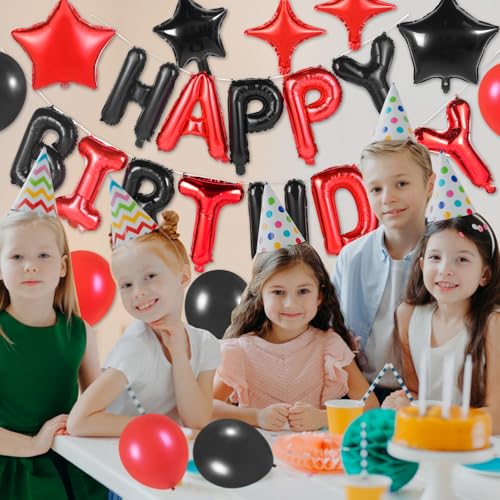 Image of Happy Birthday Banner 13pcs 16 Inch Mylar Foil Letters with 2 Pack Curtain Party Backdrop 32pcs Latex Balloon Birthday Party Decorations Party Decor Supplies for Kids and Adults (Black-red)