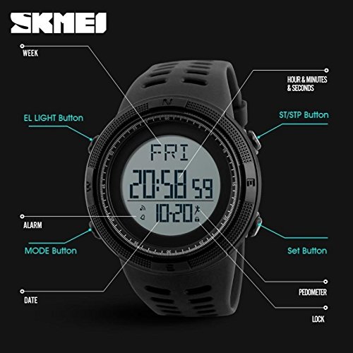 SKMEI Digital Watch Model 1295, diagram labeling EL Light Button, Alarm, Mode Button, Date, Hour & Minutes & Seconds, ST/STP Button, Set Button, Pedometer, Lock.