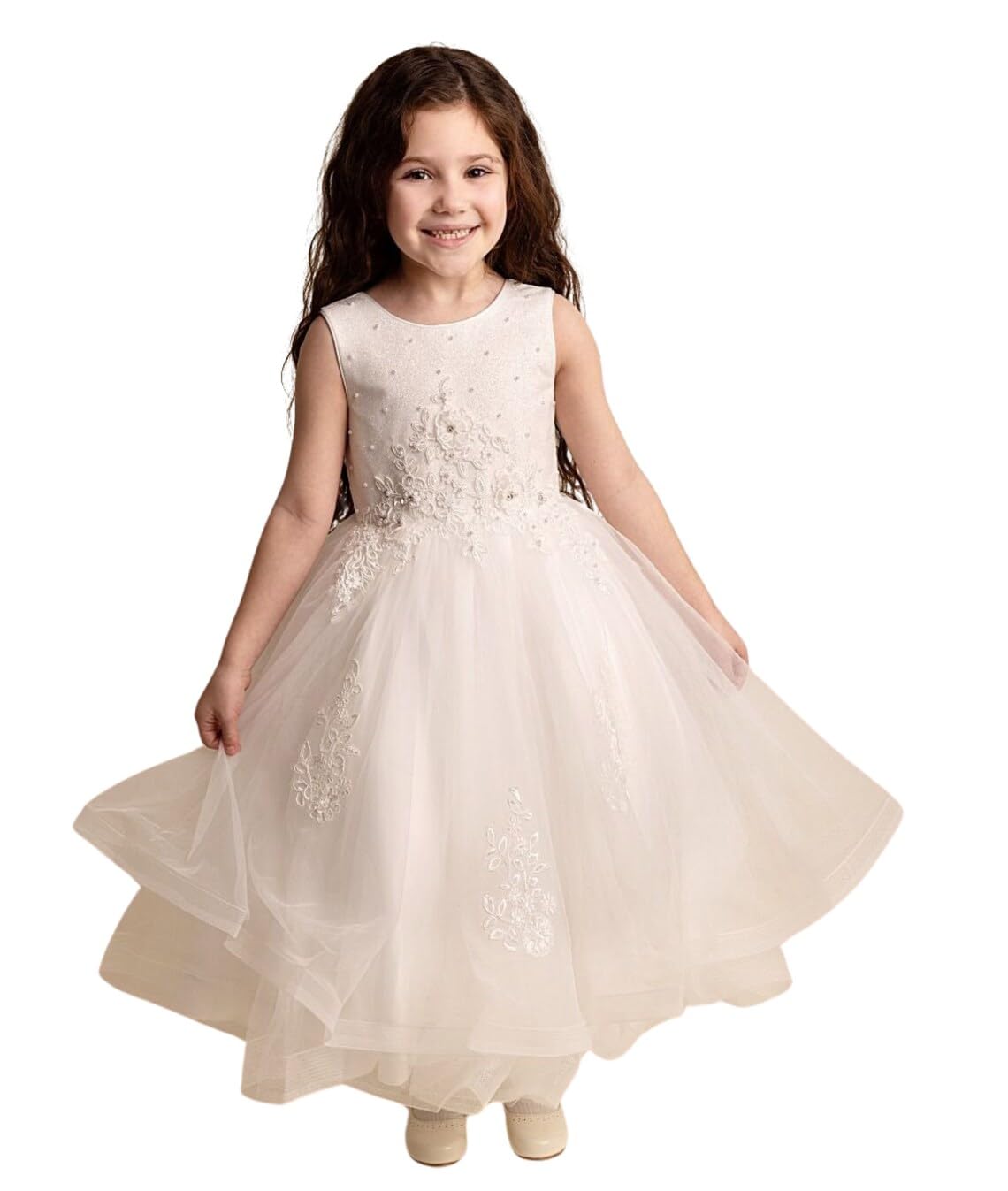 SIRRI Elegante Vestito da Ragazza Avorio con Ricami Floreali - Perfetto per Occasioni Speciali