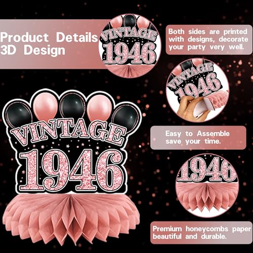 DARUNAXY 80th Birthday Party Decorations for Women, Rose Gold Back in 1946 Banner, Rose Gold 80 Number Balloons & Cake Topper, Vintage 1946 80 Birthday Honeycomb Hanging Swirl Confetti Balloons(30PC)