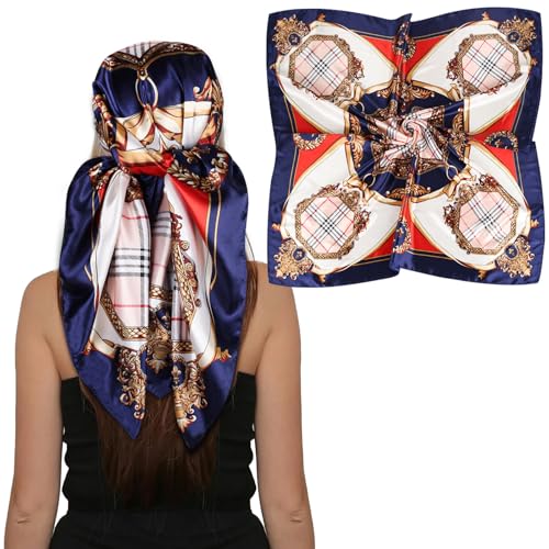EXTREE Women's 35 inch Fashion Headscarf Silk Satin Scarf for Hair Wrapping at Night Bandana Square Scarf for Sleeping Navy Blue Plaid Crown