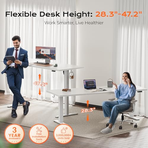 Image of Huuger 78.7'' x 29.5'' Large Electric Standing Desk, Height Adjustable Computer Desk, 29.5 inch Deep Desktop, Stand up Gaming Office Desk with 2 Hooks, 3 Preset Heights, for Home Office, White