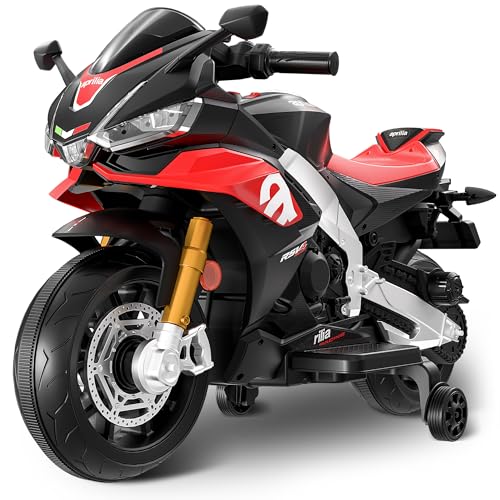 Letsgoride Kids Electric Motorcycle, Licensed Aprilia RSV4 Battery Powered Ride on Motorbike with Headlight, Music, Wireless, Electric Dirt Bike w/Training Wheels for Toddler Boys Girls (Black, 12V)